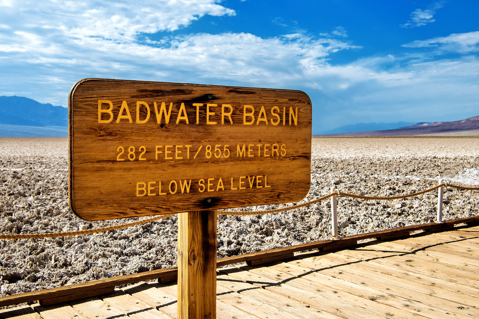 Badwater Basin sign with information about elevation at Death Va